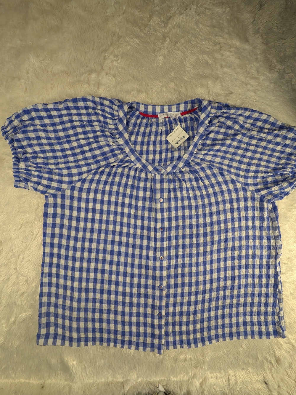 Jane and Delancey Blue and White Gingham Button-Front XL Blouse